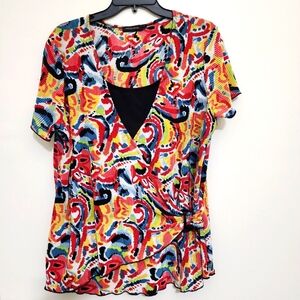 NOTATIONS Paisley Floral Pleated Wrap Blouse XL Stretch Short Sleeves Black‎ Vtg